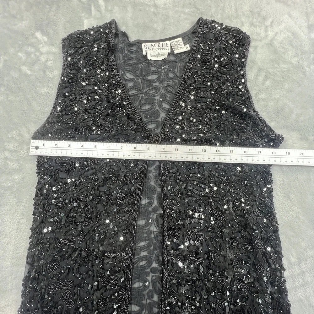 Vintage Oleg Cassini Beaded Sequined Silk Open Front Vest S Black NYE Event 90s
